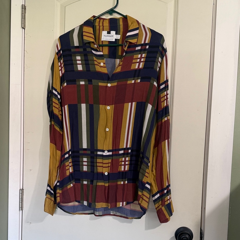 Topman Striped Plaid Button-Up Shirt - Mustard, Burgundy, Navy